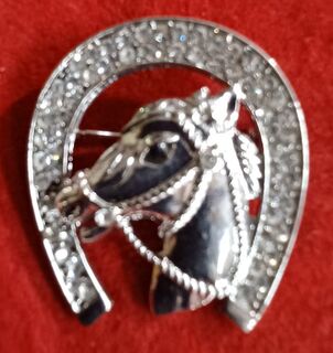 Silver Bling Horseshoe/Head Brooch